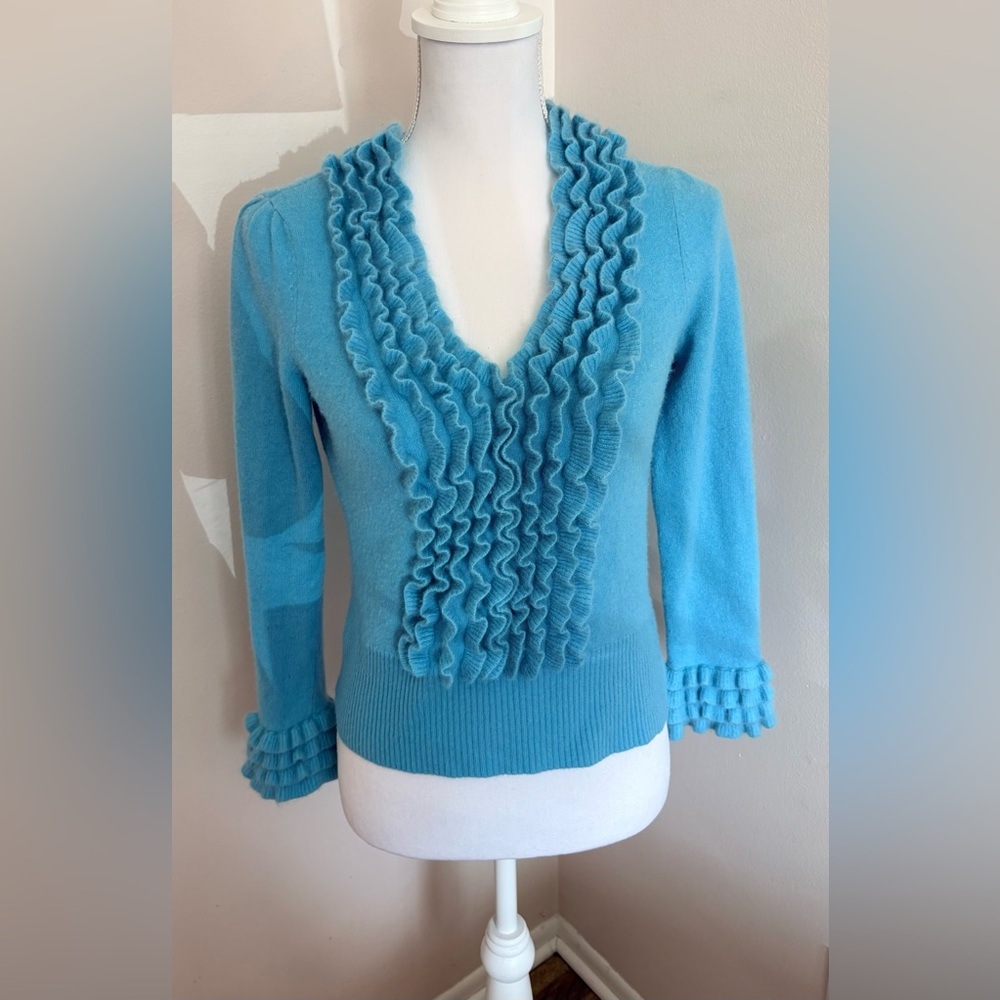 Bloomingdale's Aqua Blue Ruffled 100% Cashmere V-Neck Sweater - Vintage!